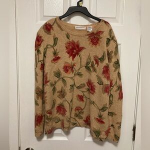 *Alfred Dunner Tan Floral with Beaded Accents Size 1X Ramie Blend Knit Sweater#L